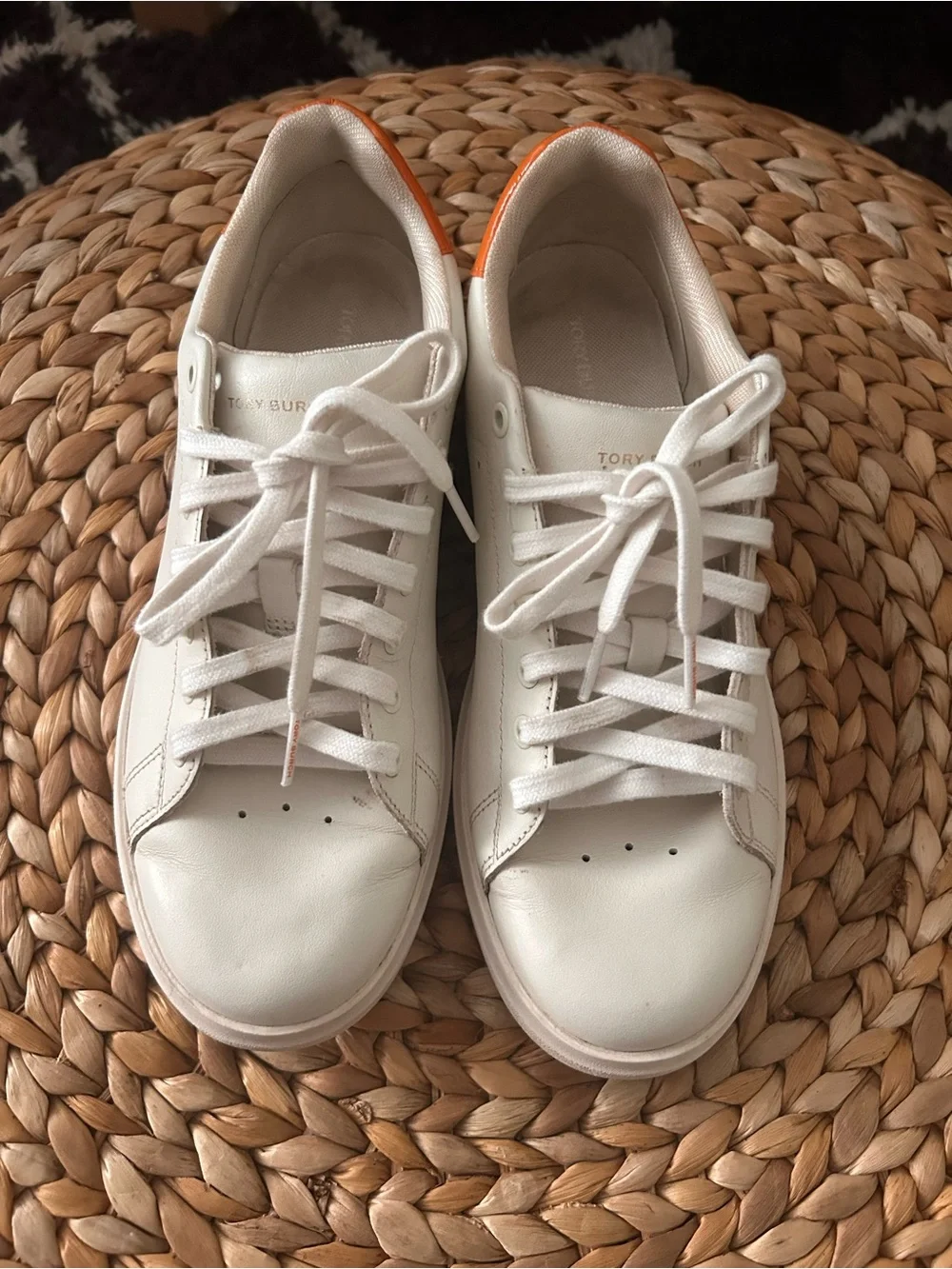 Tory Burch White Leather Lace-Up Sneakers with Orange Heel Trim